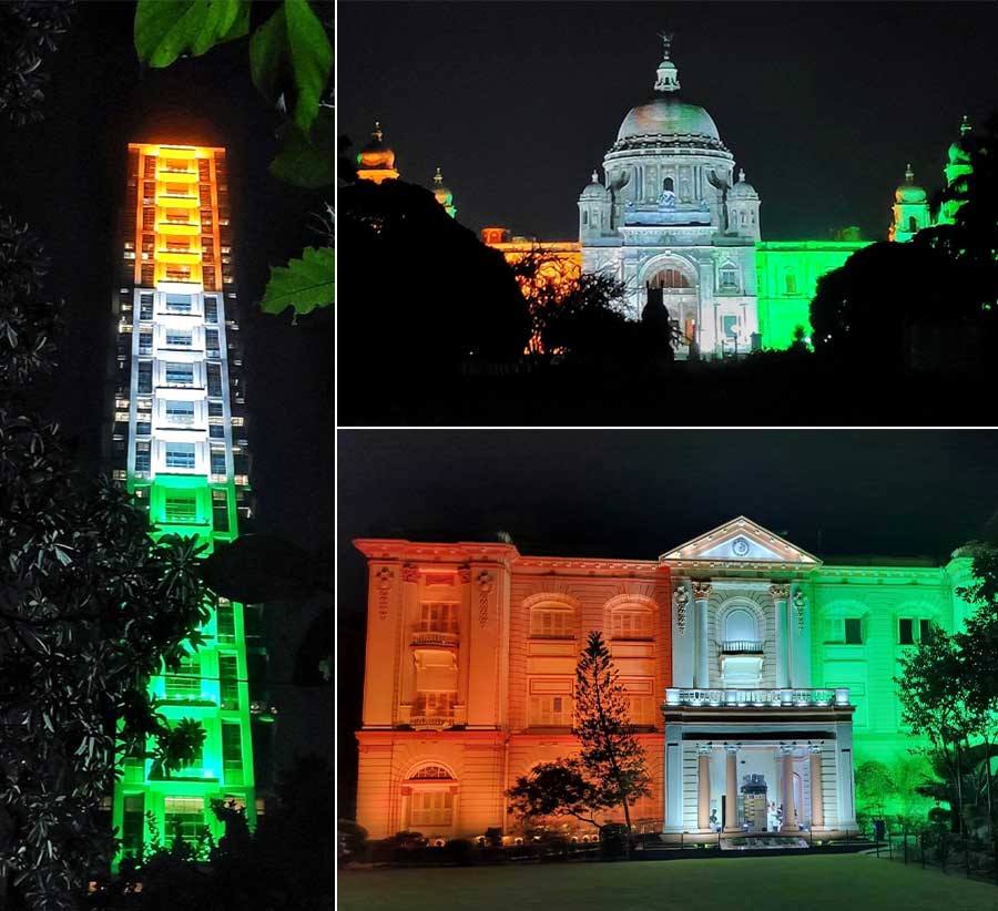 Edifices across Kolkata were lit up in saffron, white and green on Tuesday evening in the run-up to August 15. (Clockwise from left) The 42 on Jawaharlal Nehru Road, Victoria Memorial Hall and Birla Industrial and Technological Museum were all  awash in bright lights