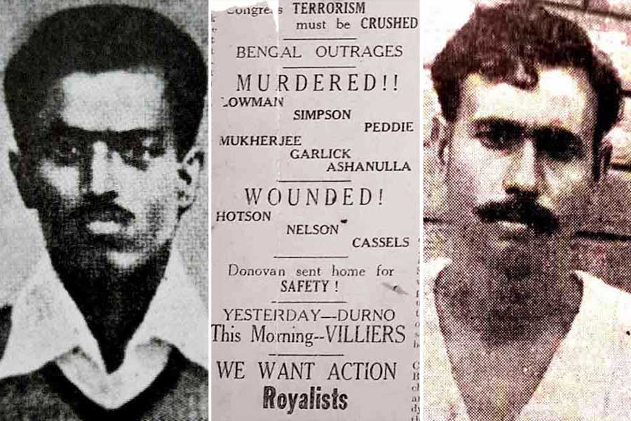 The Amrita Bazar Patrika headlines on August 26, 1930 morning and (left) Anuja Charan Sengupta and (right) Bimal Dasgupta