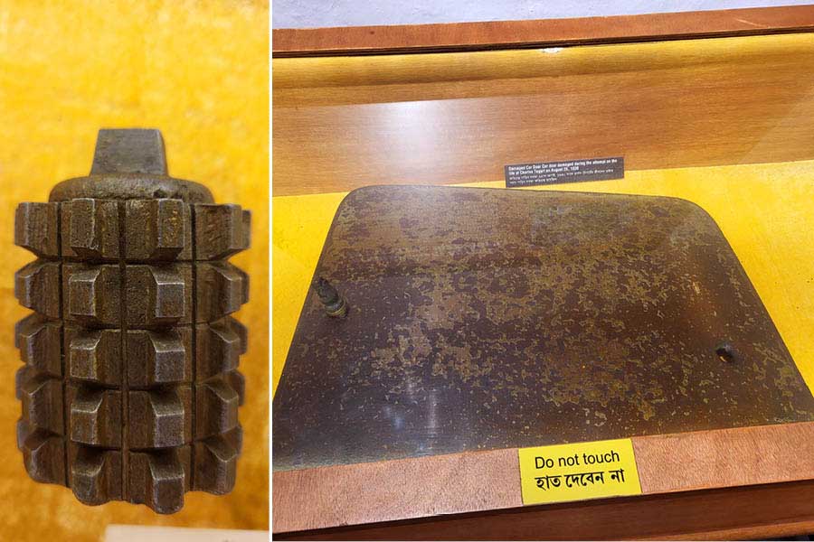 The unexploded bomb recovered from Anuja Charan Sengupta and (right) the damaged car door of Tegart, as displayed In the Calcutta Police Museum inside Alipore Jail Museum in the present day