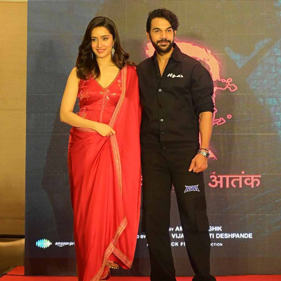 The Stree 2 stars posed for the lens at a press meet. The 2018 horror comedy Stree is set in a small town where a spirit named Stree abducts men at night during the festive season.