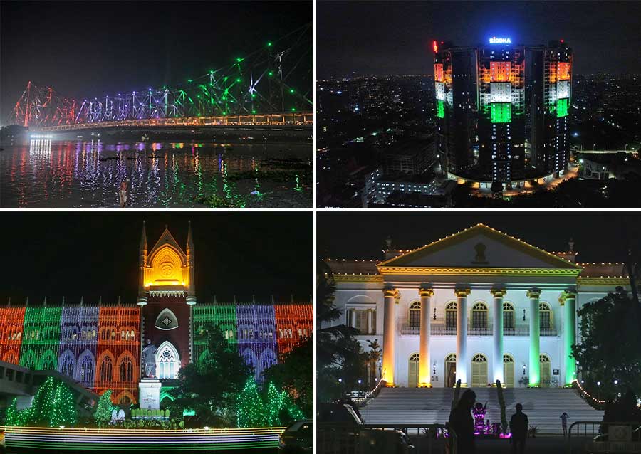 On the eve of the 78th Independence Day, the city’s landmarks were lit up in hues of the Tricolour. (Clockwise from top) Howrah Bridge, Siddha Sky  on EM Bypass, Calcutta High Court and Raj Bhavan