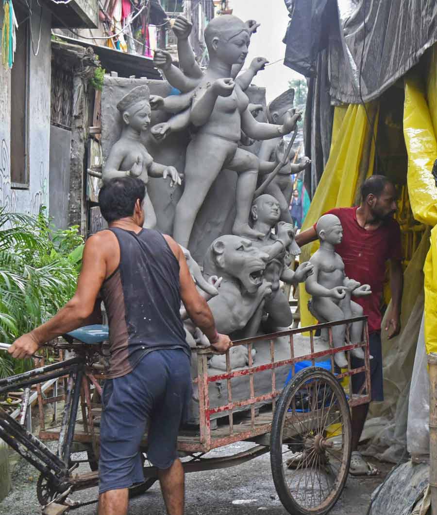 An idol being shifted to an artist's studio in Kumartuli on Wednesday 