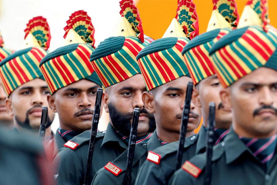 Soldiers take part in Independence Day celebrations at the historic Red Fort in Delhi, India, August 15, 2024. 