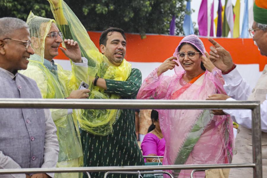 Rajya Sabha Deputy Chairman Harivansh Narayan Singh with Union Ministers of State Jitin Prasada, Jayant Chaudhary, Anupriya Patel and Arjun Ram Meghwal during the 78th Independence Day celebration at the Red Fort, in New Delhi, Thursday, Aug. 15, 2024.