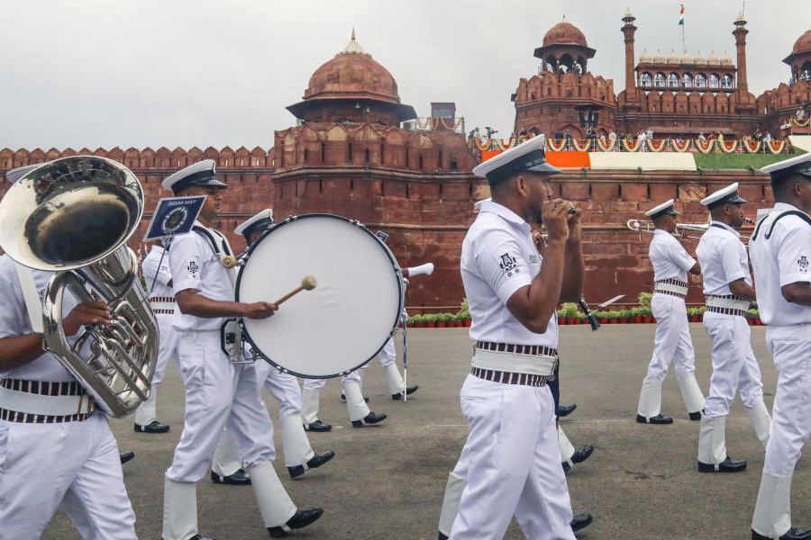 Indian naval band march past at the Red Fort premises during the 78th Independence Day celebration, in New Delhi, Thursday, Aug. 15, 2024. 