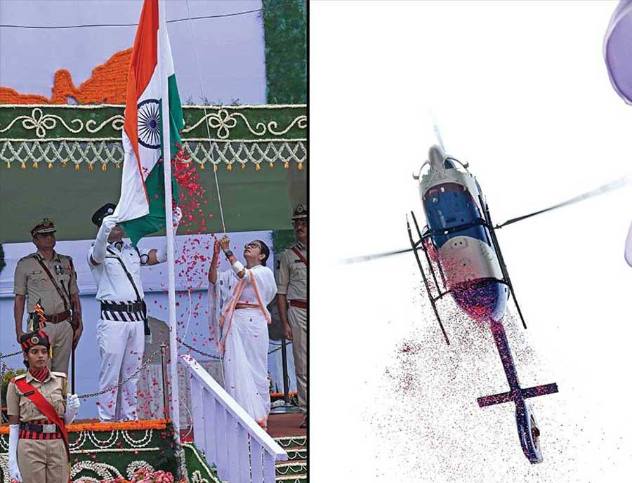 The grand 78th Independence Day parade and celebrations at Red Road started off with chief minister Mamata Banerjee hoisting the Tricolour amid showering of flower petals from a helicopter flying overhead
