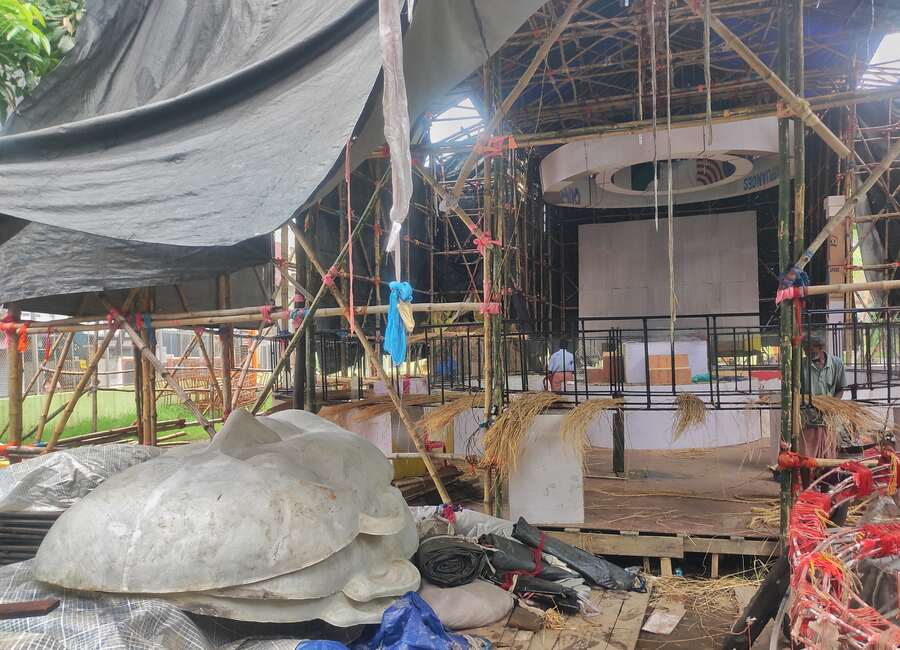 The Durga Puja pandal at Rail Pukur United Club in Baguiati being built