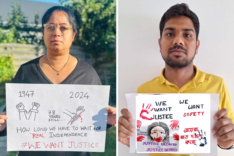 Belgium residents Monalisa Sen(Left) & Milan Mahadani (Right) voicing out their protests through art