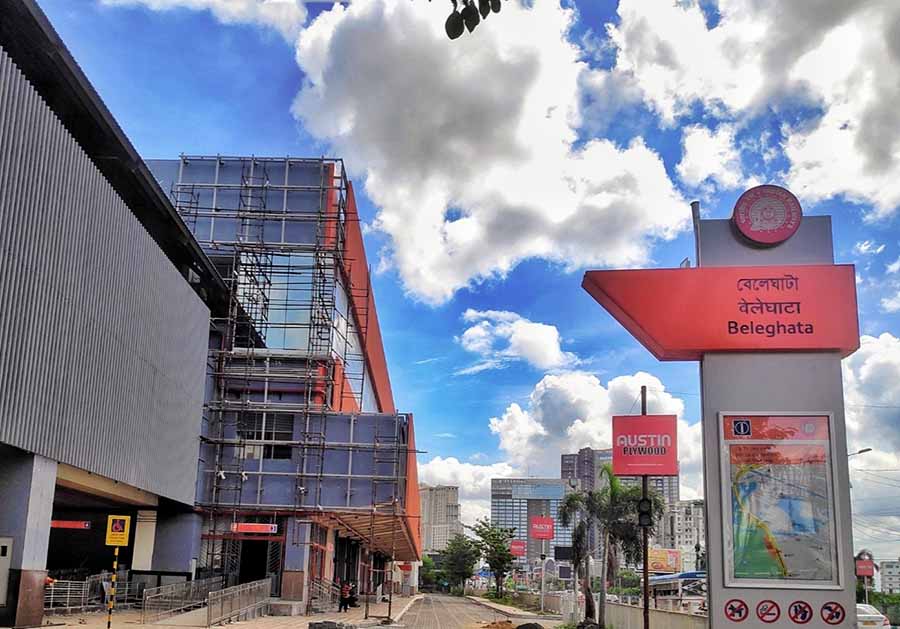 Construction work in progress at Beleghata Metro station on Saturday