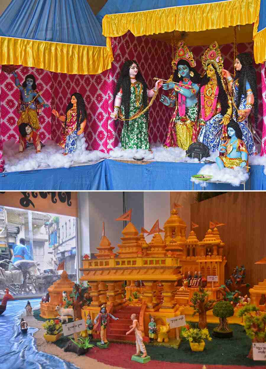  (Top) Decorations ahead of Jhulan Utsab at Barda Basak Street close to Jhulantala crossing and (above) various aspects of Lord Krishna’s life have been highlighted in the fourth year of the Jhulan Yatra at Garai Bari, College Street, Krishnanagar, Nadia district