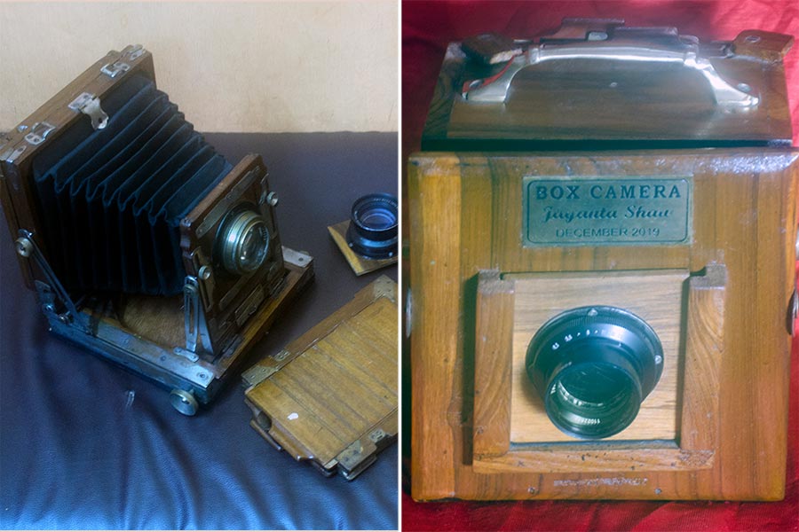 A half format camera with film case and extra lens and (right) a self-made box camera