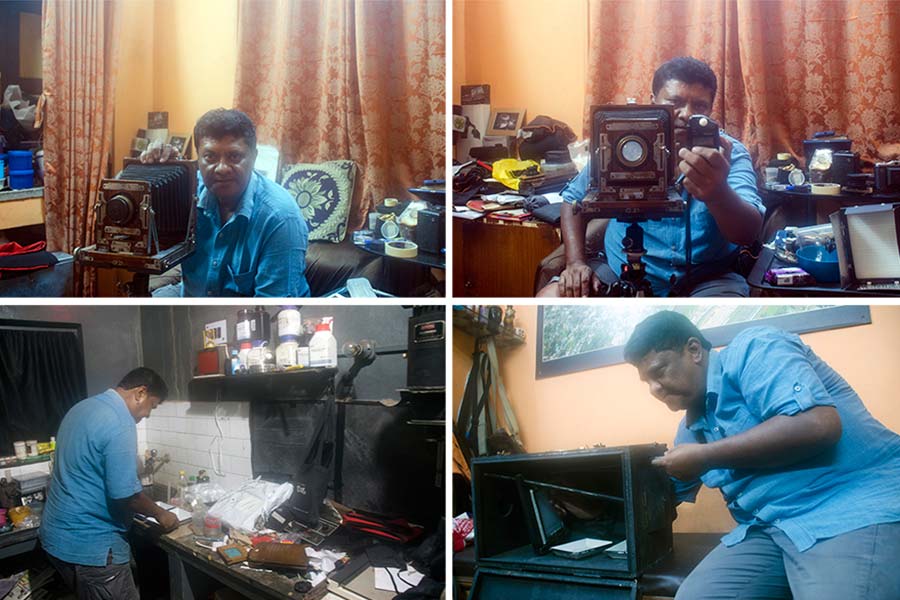 (Clockwise from top left) Shaw setting up his box camera; using a light meter to get the exposure; working in his dark room; setting up his self-made Afghan box camera