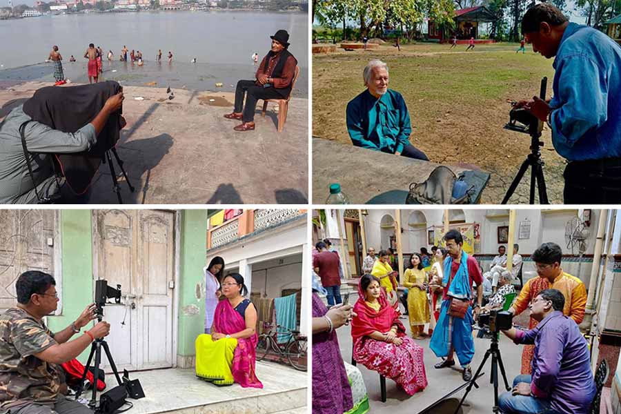 : Jayanta Shaw working on portraits with his box camera. The famous photographer Raghu Rai (top left) is being photographed