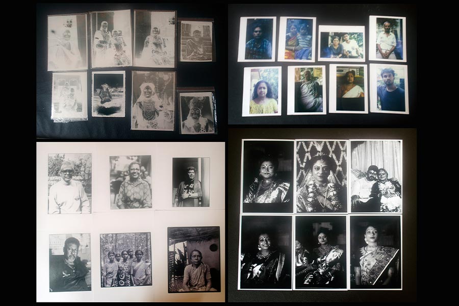 Negatives and positives shot with different box cameras. Clockwise from top left – paper negatives; prints on Polaroid paper; medium size positive; large size positives