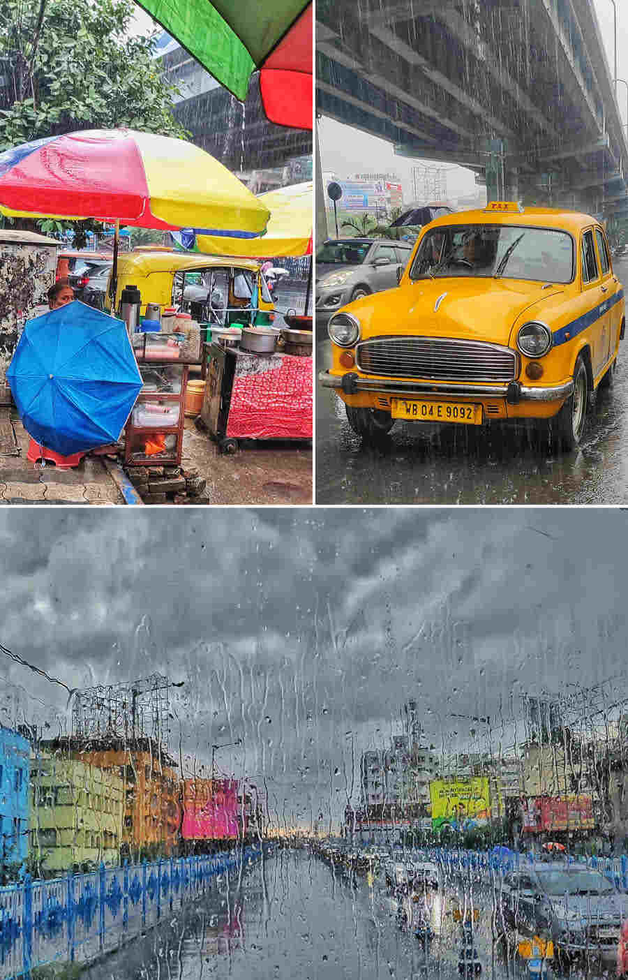 (Bottom) Afternoon traffic passes Dhakuria bridge amid a steady drizzle under a dark sky on Tuesday and (above) life continues as usual in the northeastern part of the city on VIP Road