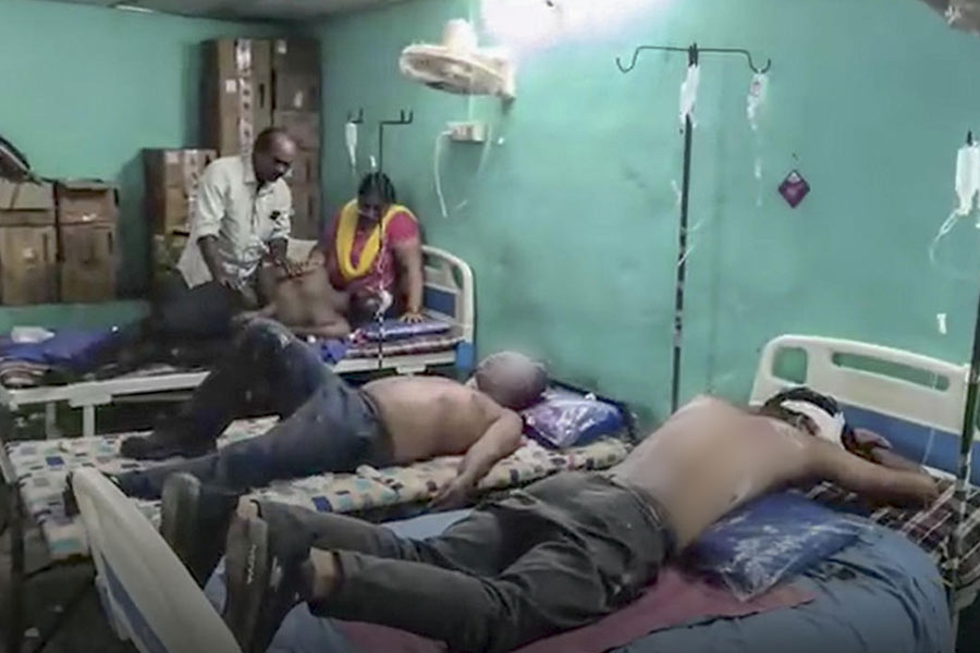 Injured being treated at a hospital after a fire broke out following an explosion in a reactor pharma unit, in Anakapalle, Andhra Pradesh, Wednesday, Aug. 21, 2024.