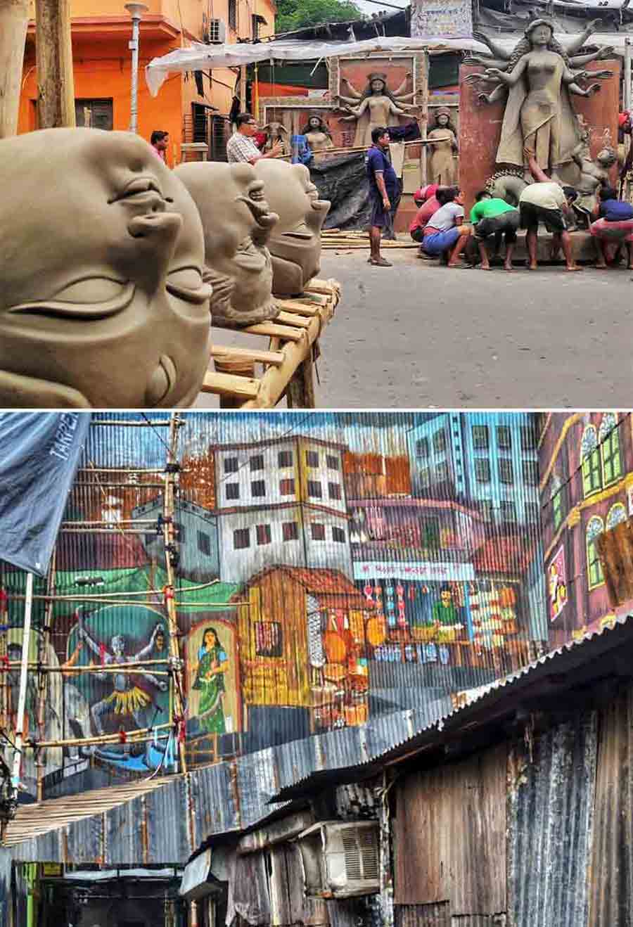 (Top) With the sun playing hide-and-seek for many days now, preparations for Durga Puja at Patua Para were on in full swing on Thursday afternoon and (above) Ahiritola Sarbojanin Durga Puja pandal is being made using tin sheets painted to depict different subject. Only 48 days are remaining for Durga Puja