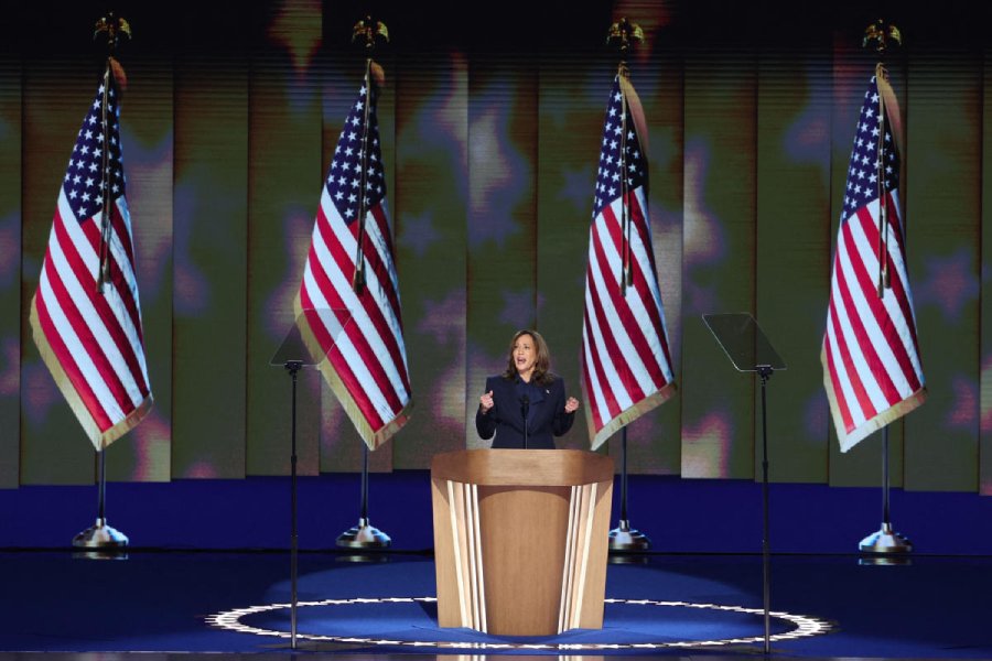 Democratic presidential nominee and U.S. Vice President Kamala Harris speaks on Day 4 of the Democratic National Convention (DNC) at the United Center in Chicago, Illinois, U.S., August 22, 2024.