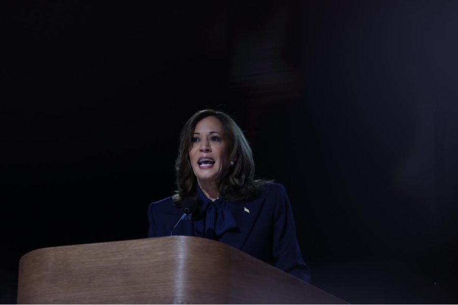 Democratic presidential nominee and U.S. Vice President Kamala Harris takes the stage on Day 4 of the Democratic National Convention (DNC) at the United Center in Chicago, Illinois, U.S., August 22, 2024.