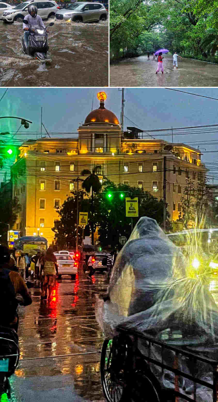 People wade through accumulated rainwater at Rabindra Sarobar after heavy rain on Friday afternoon.(below)Traffic at Esplanade crawls during heavy rain on Thursday evening 