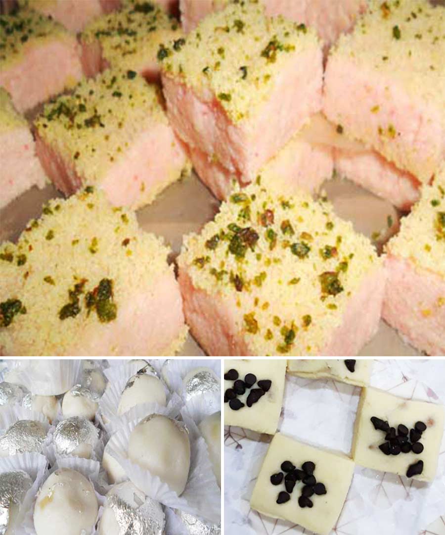 Some more favourites are the (clockwise from top) Rose Cream Sandesh, Butterscotch Sandesh and Abar Khabo 