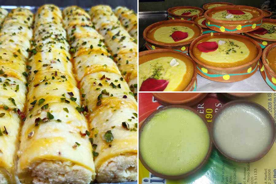 Also try their (clockwise from left) Butterscotch Malai Rolls and seasonal specials like Mango Chhanar Payesh and Mango Doi. Apart from sandesh, Keshar Chhanar Payesh, Special Chandrapuli , Chandani Kheer and allied products are also their speciality 