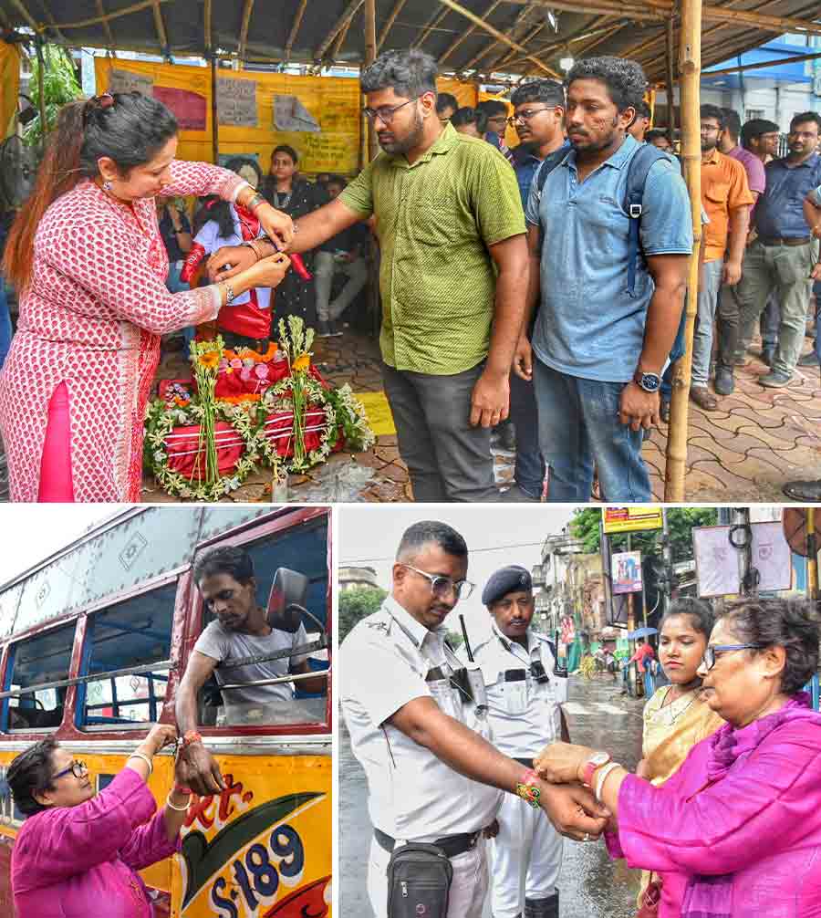 (Top) Raksha Bandhan was observed at Calcutta Medical College and Hospital on Monday. (Below) A woman ties rakhi to a minibus driver and a traffic policeman at Sovabazar on August 19  
