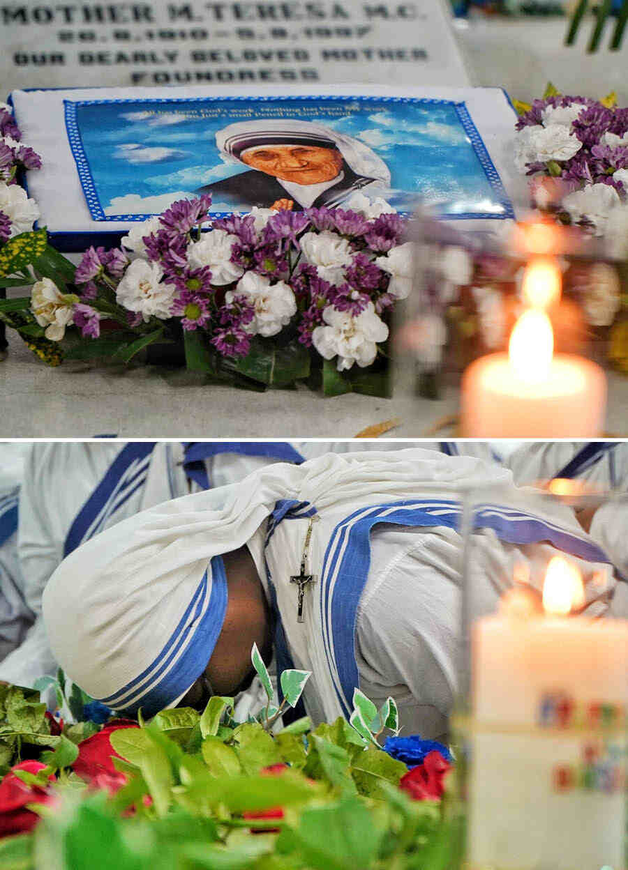 The marble-enveloped grave of Mother Teresa, also known as the Saint of the Gutters, was beautifully decorated with flowers of all colours and kinds. Nuns of the Missionaries of Charity, the philanthropic order founded by her, led the prayers 