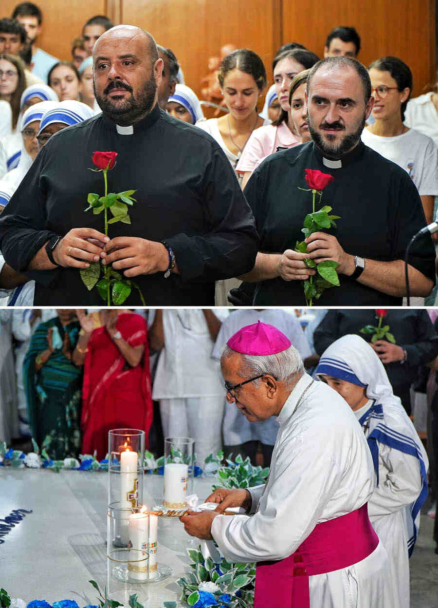 Among the priests spotted at Mother House since morning was (above) Archbishop Thomas D’Souza