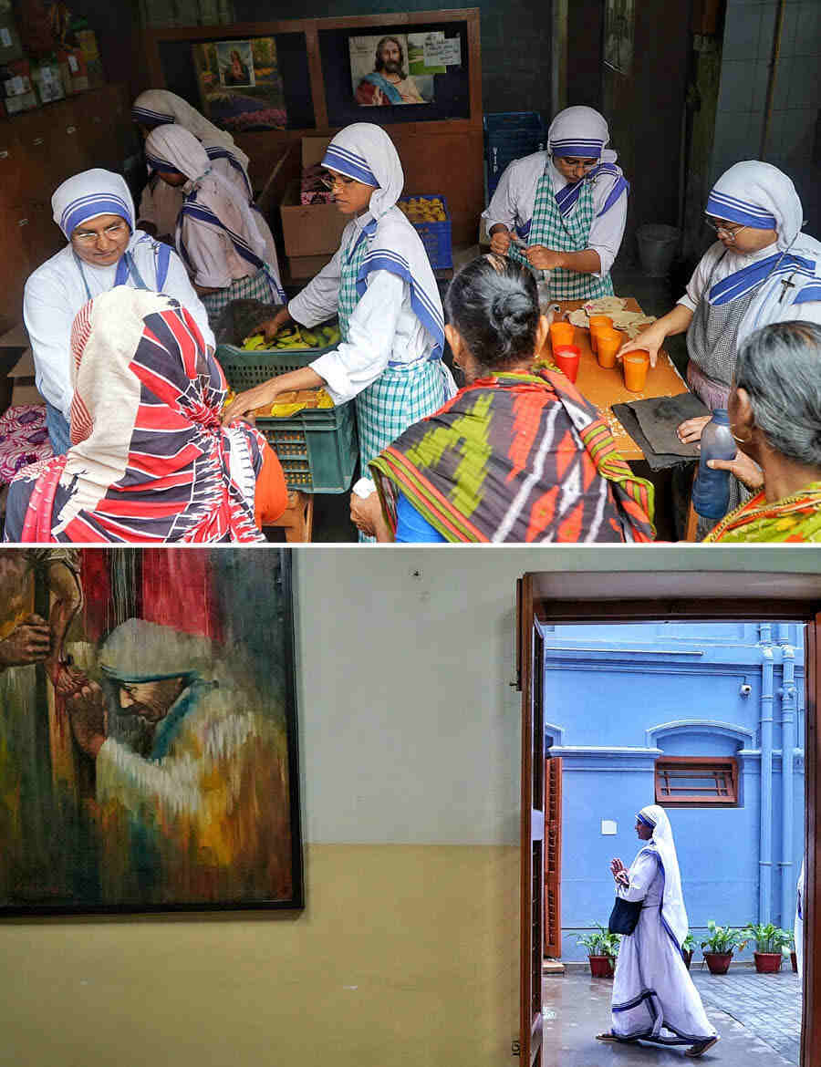 Nuns of the Missionaries of Charity carry on distributing eatables and other articles in the footsteps of Mother, who was awarded the Nobel Peace Prize in 1979 for dedicating her life to the well-being of the poor