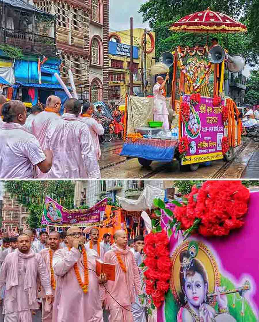 Monks from Sri Gaudiya Math, Bagbazar, take out a morning rally on Janmastami on Monday