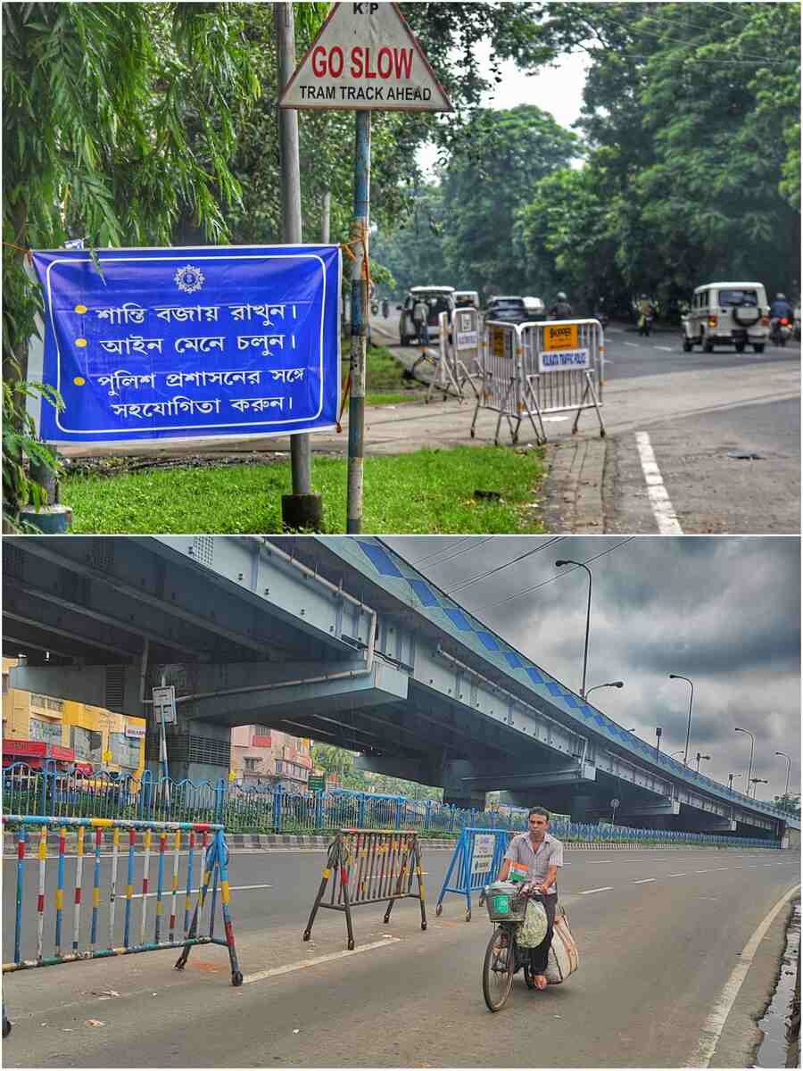 Kolkata police put up posters at various locations in Kolkata, requesting citizens to maintain law and order and (above) VIP Road, the main connector between Kolkata airport and the rest of the city, wears a deserted look on Tuesday afternoon