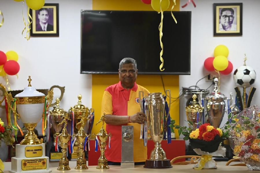 East Bengals new president Murari Lal Lohia with the trophies the club has won over the years at the Maidan tent last week