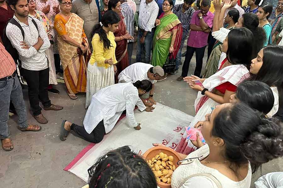 Banners are readied for the street play outside Tapan Theatre in Kalighat