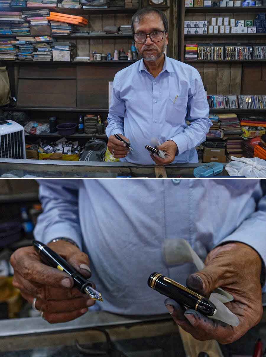 Stepping into The Pen Hospital is like entering a living museum. The walls are adorned with an eclectic array of pens, each with its own story to tell. From rare, vintage models to carefully preserved pieces from the early 1900s, the shop’s collection offers a glimpse into the rich history of pen craftsmanship. Mohammad Imtiaz  proudly poses with his favourite pen, a Montblanc Meisterstück Coated 149 fountain pen 