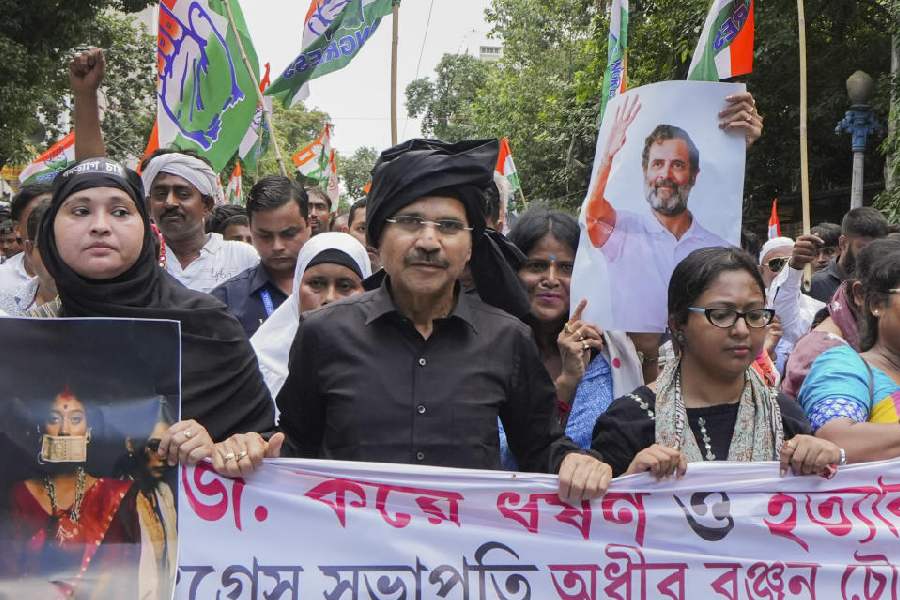 West Bengal Pradesh Congress President Adhir Ranjan Chowdhury with party activists during a protest rally against the alleged rape and murder of a trainee woman doctor at RG Kar Medical College and Hospital, in Calcutta, Thursday, Aug. 29, 2024.