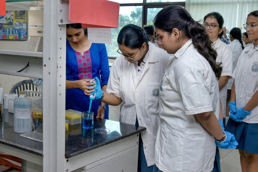 Schoolchildren take part in a hands-on workshop ‘Biotechnology for Beginners’ comprising practical demonstration and introduction to tools and techniques in biotechnology at Birla Industrial & Technological Museum in Kolkata