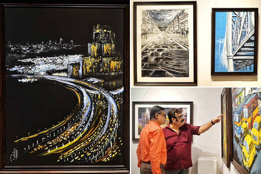 ‘I haven’t been a resident of Kolkata or Howrah for a quarter of a century, though I try to come back every year to rejuvenate myself. The twin cities have changed a lot with time, though their undying spirit and originality have prevailed,’ said Ambarnath Sinha (in the red shirt), whose exhibition, ‘Lost & Found’, opened on August 27 and will continue till September 2, between 12pm and 8pm. Sinha, who first exhibited at the Academy four decades ago, had done so with his father, Ranendranath Sinha, who was also his art teacher