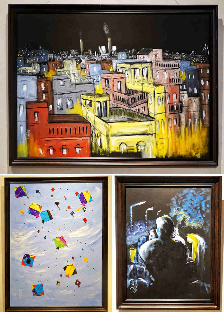  In the first painting, Sinha has recreated a lost skyline of the city with a view of the Eden Gardens from across the Hooghly, while the second shows a sky teeming with kites. The subtle yet surreal chiaroscuro of foliage illuminated by street lights down Queen’s Way, in the third painting, is seen from over the syce’s shoulder in a horse-drawn carriage 