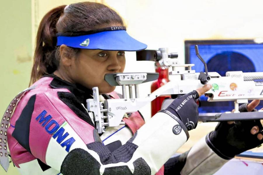 India's Mona Agarwal competes in the women's 10m air rifle (SH1) event at Paralympics 2024, in Paris, France, Friday, Aug. 30, 2024. Agarwal won the bronze medal in the event.