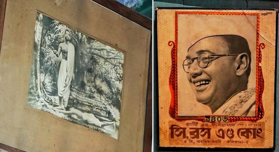 (Left) A huge frame of Ramakrishna Paramhansa developed by the shop and (right) that of Netaji Subhas Chandra Bose