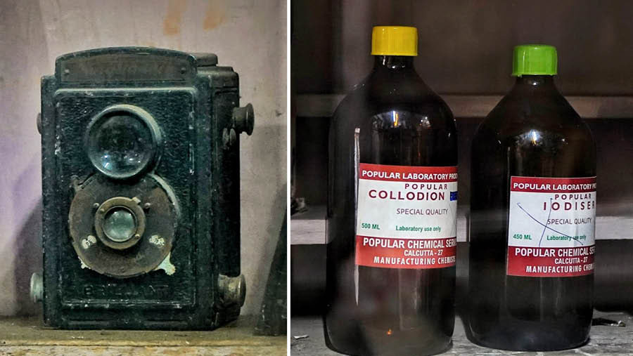 It is one of the first photography studios in Kolkata (then Calcutta). Samar Chatterjee, the current owner of C. Bros, narrates the journey of the establishment. ‘My great-grandfather, Narayan Chatterjee, passed away at a very young age, forcing my grandfather to shift to a cousin’s house in Bagbazar. At the time, the studio wasn’t established.’ (Left) A film camera by which C. Bros used to take photographs and (right) chemicals which were used to restore the films.