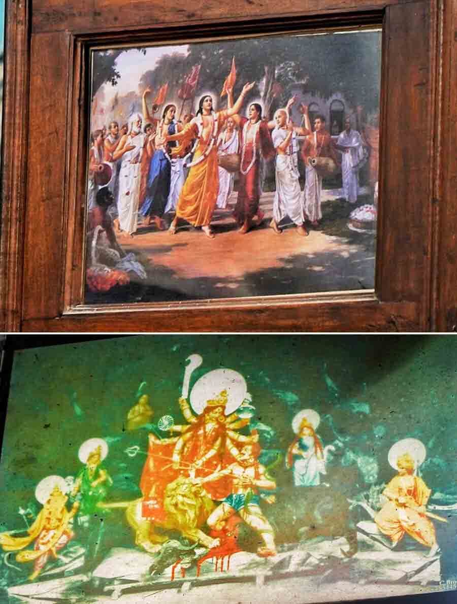 (Top) An old restored picture of Chaitanya Mahaprabhu and (above) of goddess Durga
