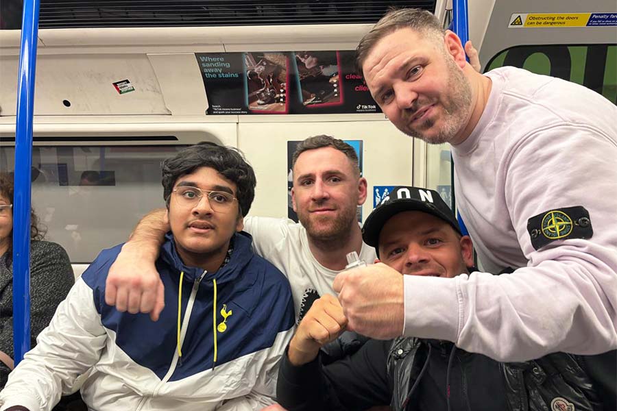 Shashwata in the tube with Villa fans before the game
