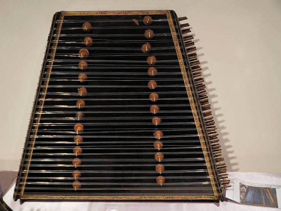 Originally a folk instrument from Kashmir, this santoor was made in Kolkata in the early-1940s. The instrument is also known as ‘shata-tantri veena’, in reference to its 100 strings 