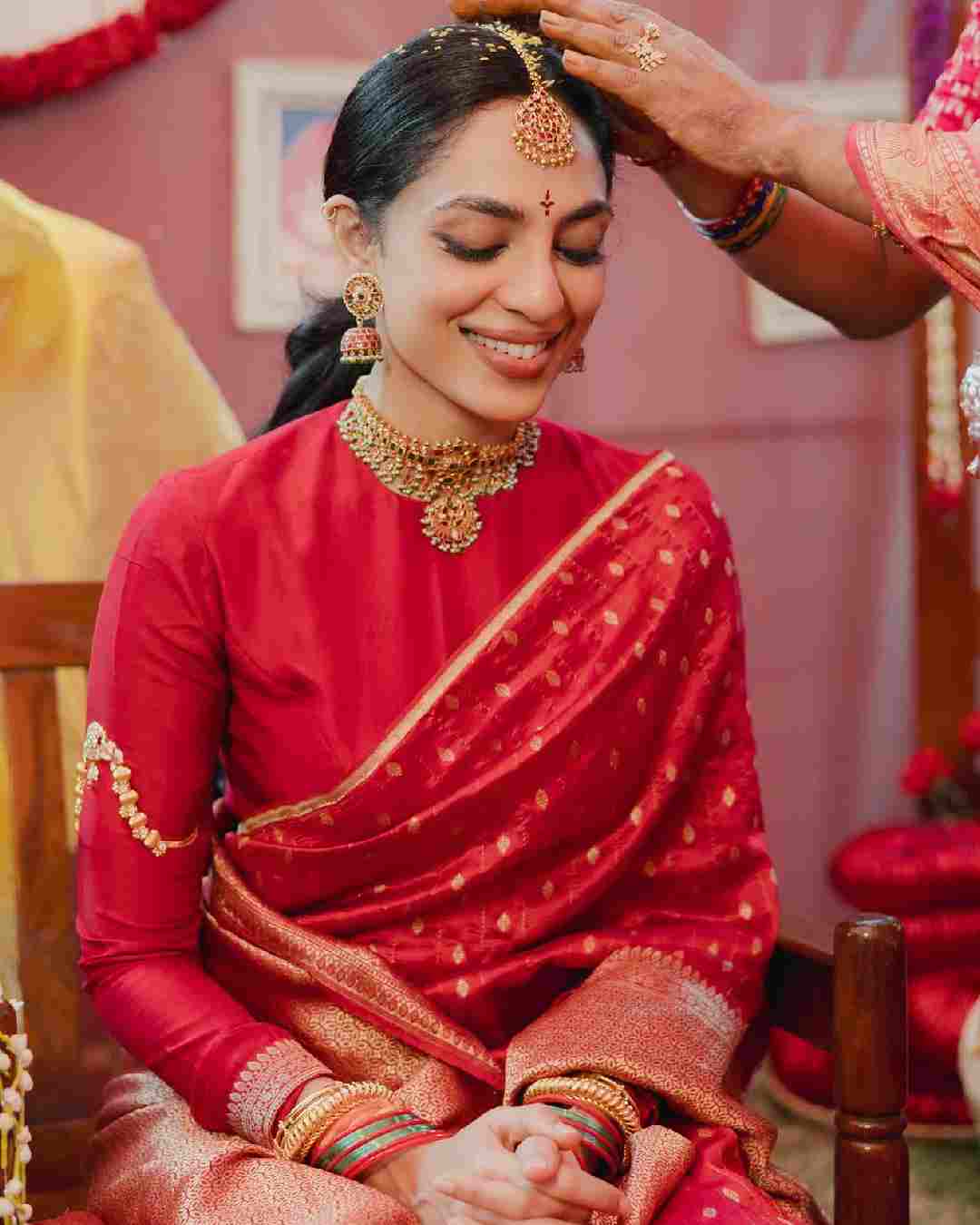 Sobhita and Chai’s wedding celebrations kicked off with the Godhuma Raayi Papasu Daanchtam ritual in October.