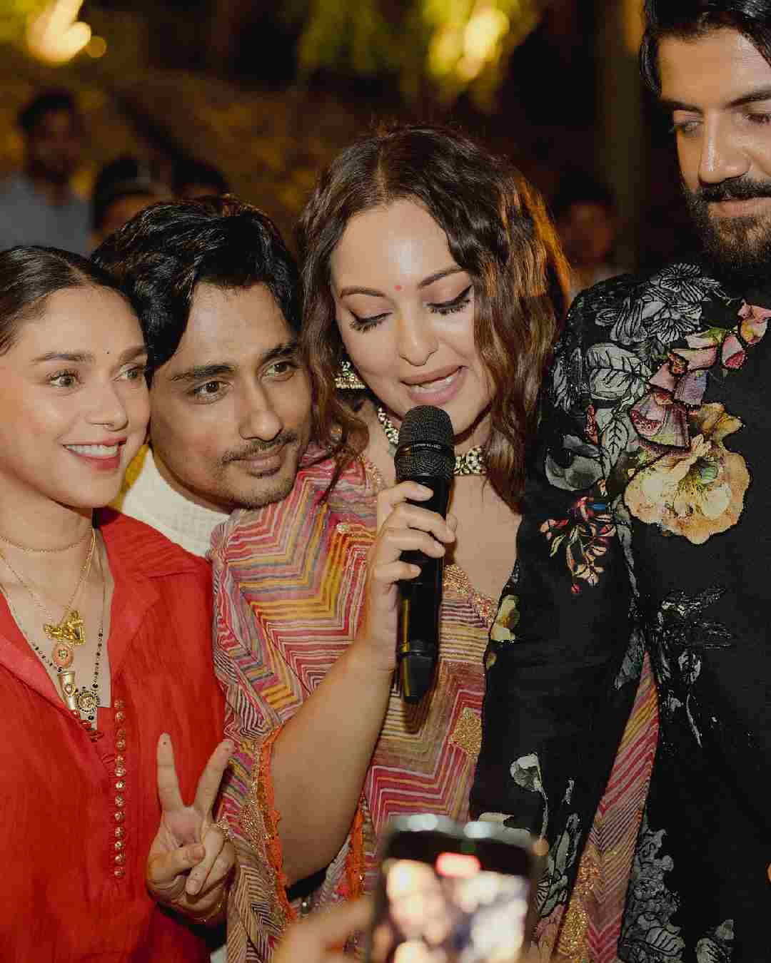 Aditi Rao Hydari struck a funny pose as Sonakshi Sinha spoke into a mic 