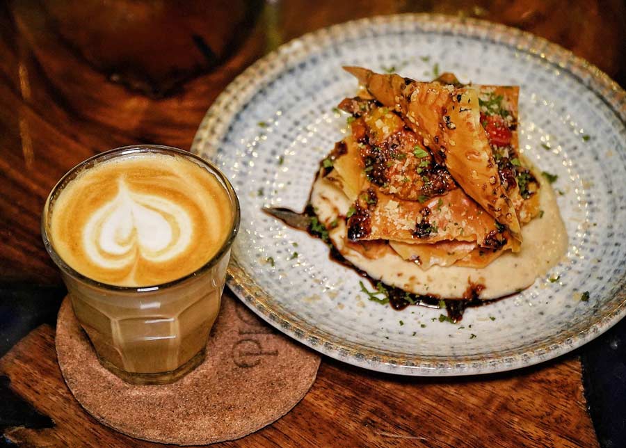 Up next is a Salted Caramel Latte, which is a signature drink at PICO. Served along with Filo Parmesan, which has filo pastry sheets on a bed of garlic cream and cheese sauce with a lot of parmesan cheese and some ratatouille between the layers. This is the second of four small plates you will be served, so be sure to arrive with an empty stomach!