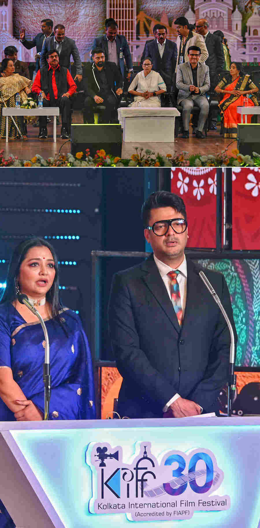The 30th Kolkata International Film Festival was inaugurated at Dhana Dhanye Auditorium, Alipore on Wednesday. (Top, L-R) actor Madhabi Mukherjee, actor Shatrughan Sinha, actor Dev Adhikari, chief minister Mamata Banerjee, Sourav Ganguly and Sabitri Chatterjee. (Above) Anchors June Malia and Jisshu Sengupta