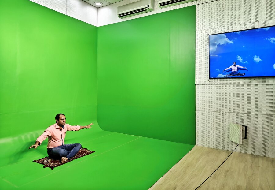 A television studio hosting the highly entertaining ‘Chroma key Show’, demonstrating how the background is eliminated for shooting of fantasy scenes like flying in the sky